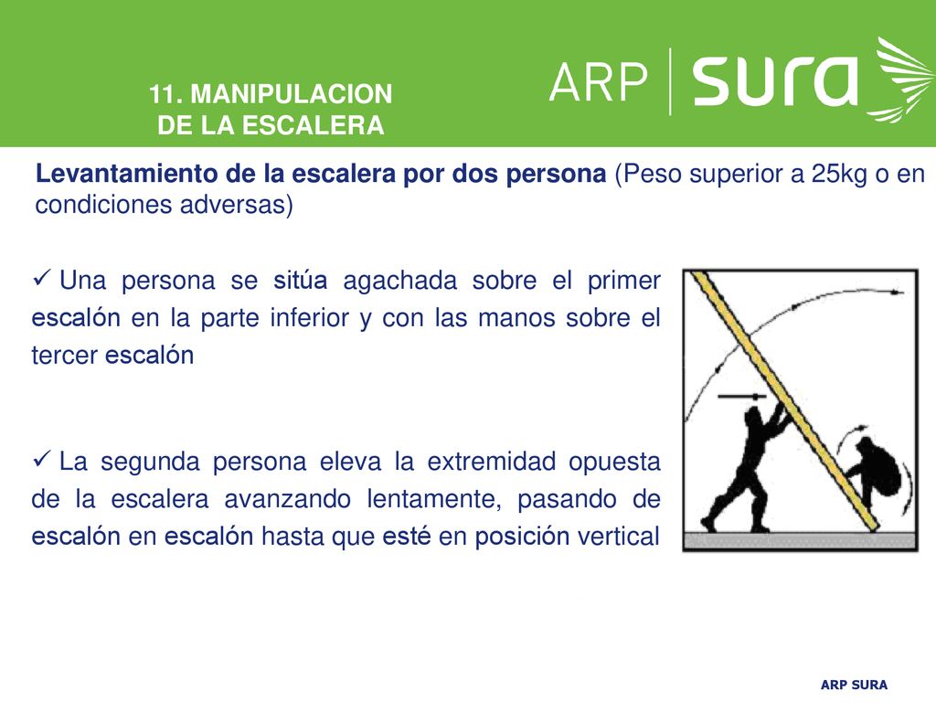 11. MANIPULACION DE LA ESCALERA. Levantamiento de la escalera por dos persona (Peso superior a 25kg o en condiciones adversas)