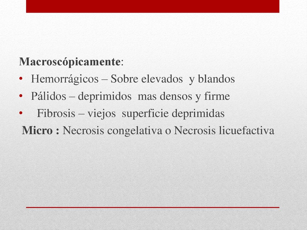 Macroscópicamente: Hemorrágicos – Sobre elevados y blandos. Pálidos – deprimidos mas densos y firme.