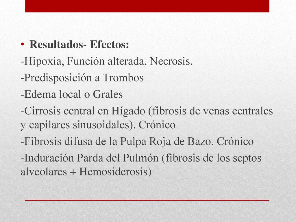 Resultados- Efectos: -Hipoxia, Función alterada, Necrosis. -Predisposición a Trombos. -Edema local o Grales.