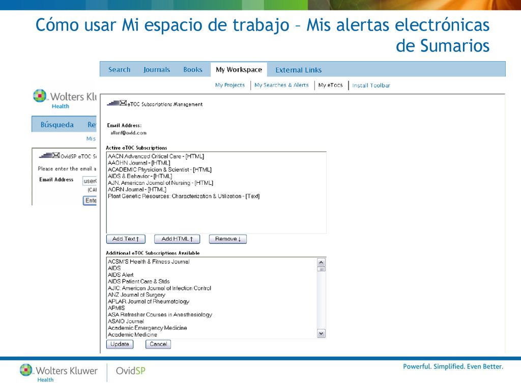 Cómo usar Mi espacio de trabajo – Mis alertas electrónicas de Sumarios