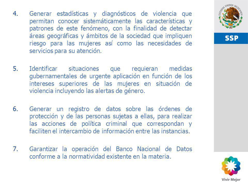 Generar estadísticas y diagnósticos de violencia que permitan conocer sistemáticamente las características y patrones de este fenómeno, con la finalidad de detectar áreas geográficas y ámbitos de la sociedad que impliquen riesgo para las mujeres así como las necesidades de servicios para su atención.