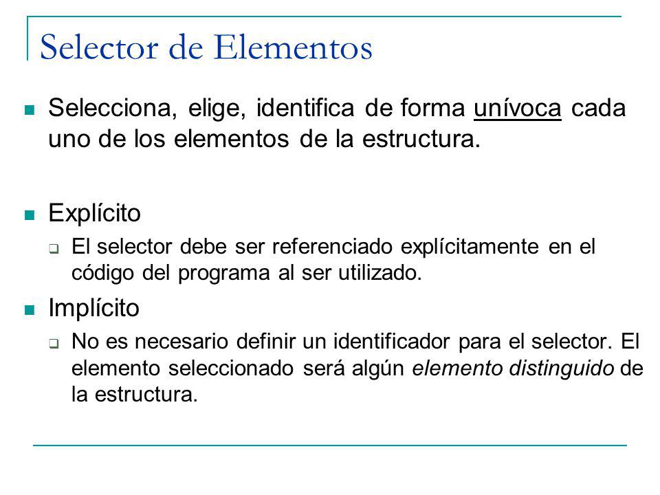 Selector de Elementos Selecciona, elige, identifica de forma unívoca cada uno de los elementos de la estructura.
