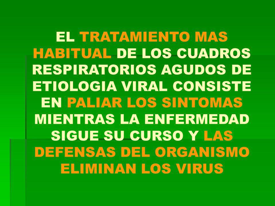 EL TRATAMIENTO MAS HABITUAL DE LOS CUADROS RESPIRATORIOS AGUDOS DE ETIOLOGIA VIRAL CONSISTE EN PALIAR LOS SINTOMAS MIENTRAS LA ENFERMEDAD SIGUE SU CURSO Y LAS DEFENSAS DEL ORGANISMO ELIMINAN LOS VIRUS
