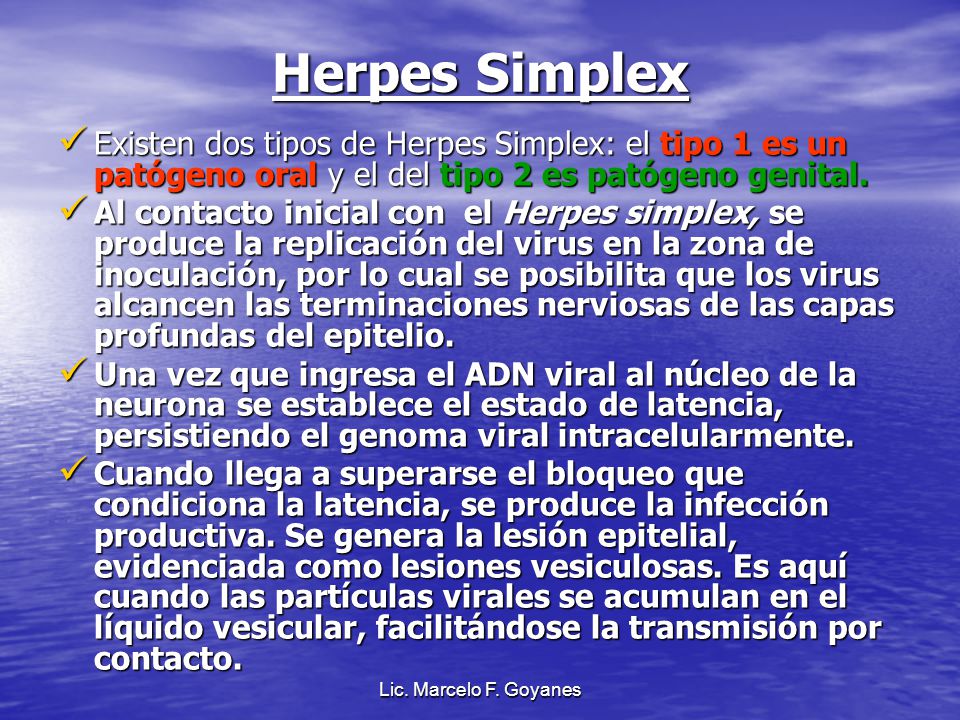 Herpes Simplex Existen dos tipos de Herpes Simplex: el tipo 1 es un patógeno oral y el del tipo 2 es patógeno genital.