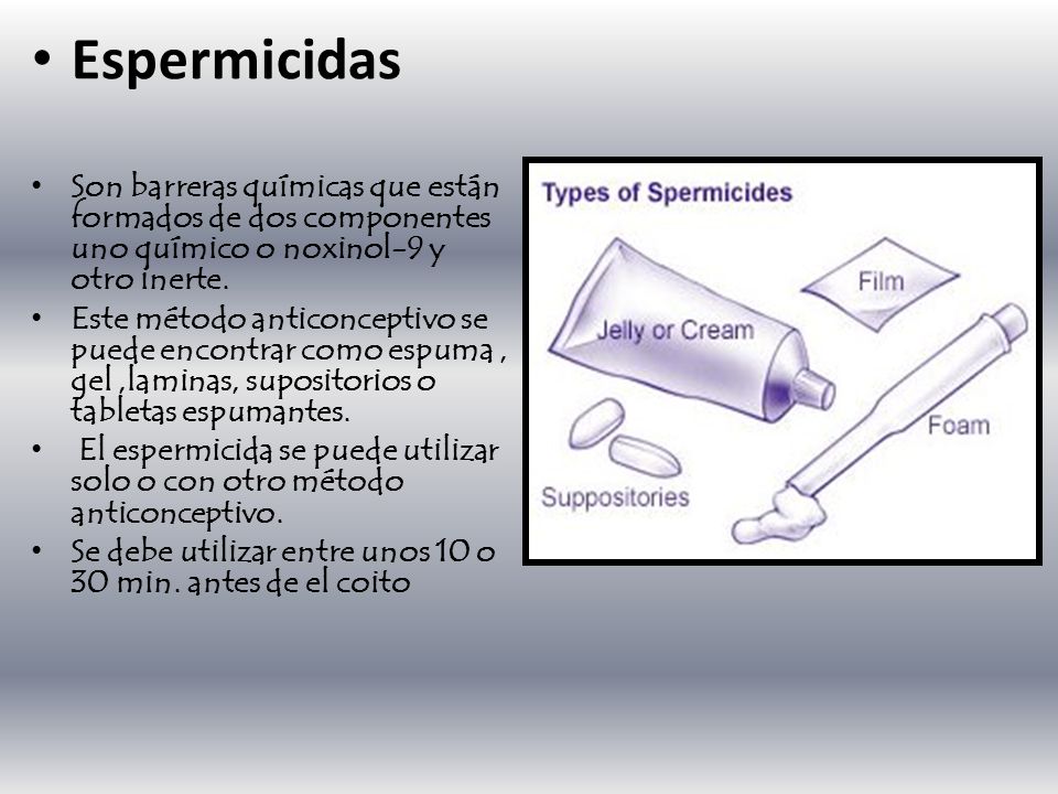 Espermicidas Son barreras químicas que están formados de dos componentes uno químico o noxinol-9 y otro inerte.