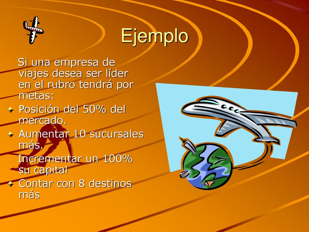Ejemplo Si una empresa de viajes desea ser líder en el rubro tendrá por metas: Posición del 50% del mercado.