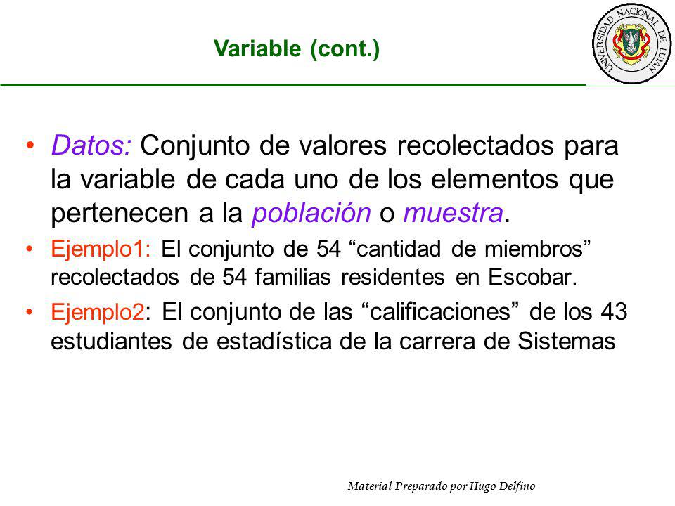 Variable (cont.) Datos: Conjunto de valores recolectados para la variable de cada uno de los elementos que pertenecen a la población o muestra.