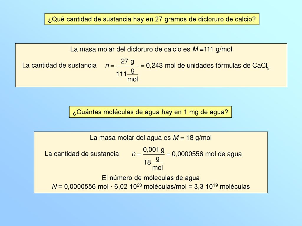 ¿Qué cantidad de sustancia hay en 27 gramos de dicloruro de calcio