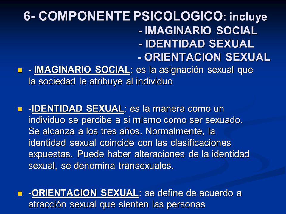 6- COMPONENTE PSICOLOGICO: incluye - IMAGINARIO SOCIAL - IDENTIDAD SEXUAL - ORIENTACION SEXUAL