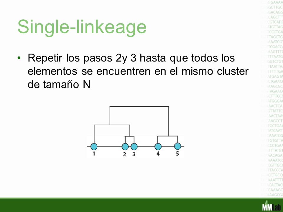 Single-linkeage Repetir los pasos 2y 3 hasta que todos los elementos se encuentren en el mismo cluster de tamaño N.