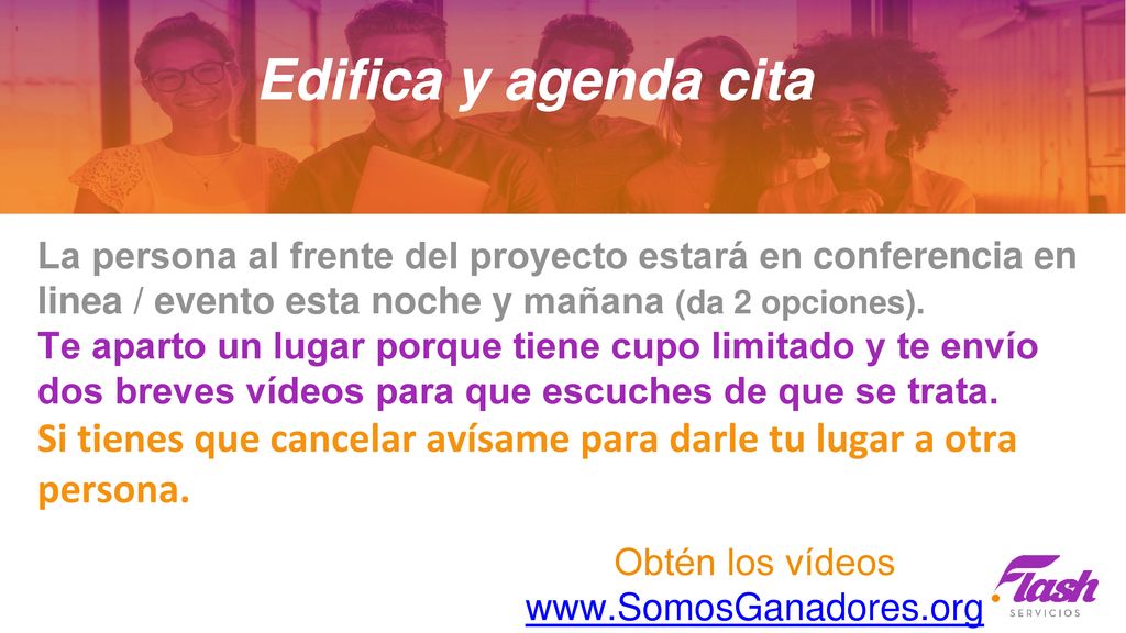 Edifica y agenda cita La persona al frente del proyecto estará en conferencia en linea / evento esta noche y mañana (da 2 opciones).