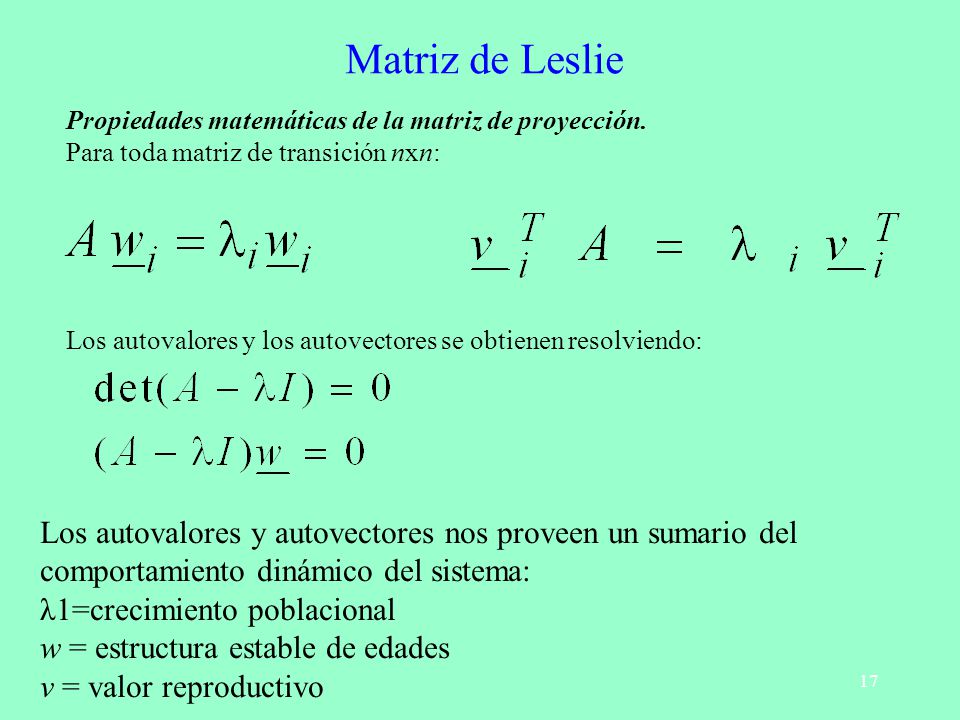 Matriz de Leslie Propiedades matemáticas de la matriz de proyección. Para toda matriz de transición nxn: