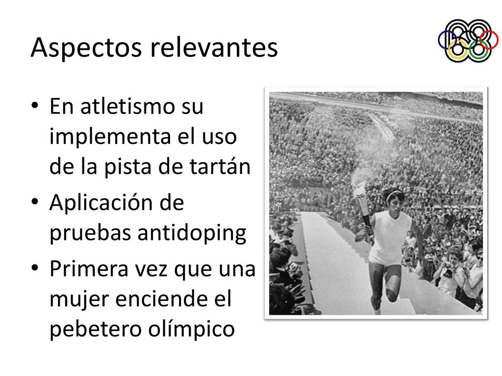 Aspectos relevantes En atletismo su implementa el uso de la pista de tartán. Aplicación de pruebas antidoping.
