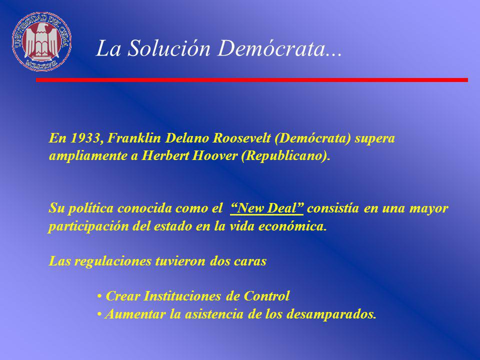 La Solución Demócrata... En 1933, Franklin Delano Roosevelt (Demócrata) supera ampliamente a Herbert Hoover (Republicano).