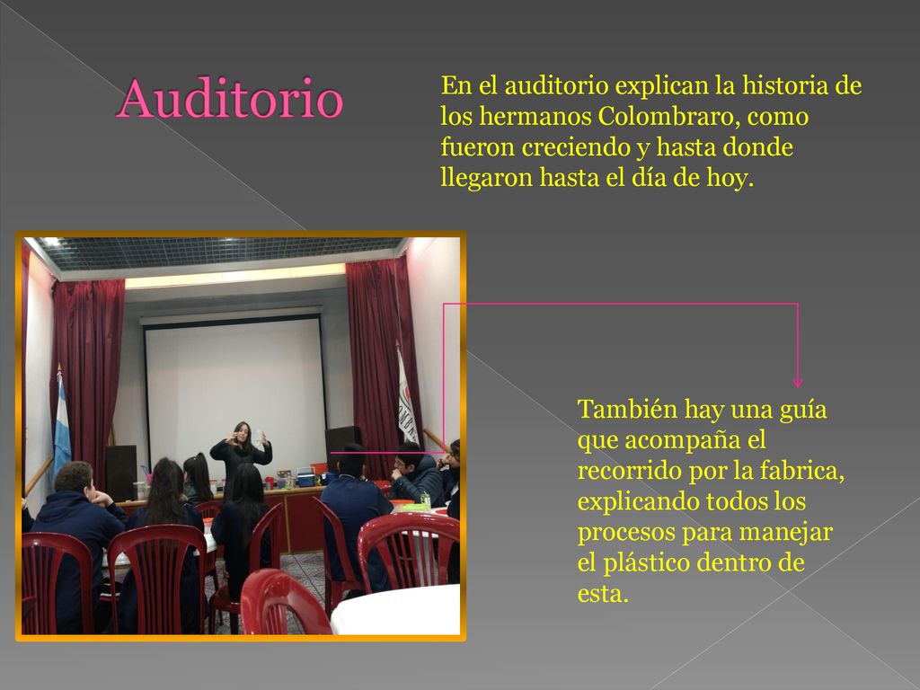 Auditorio En el auditorio explican la historia de los hermanos Colombraro, como fueron creciendo y hasta donde llegaron hasta el día de hoy.