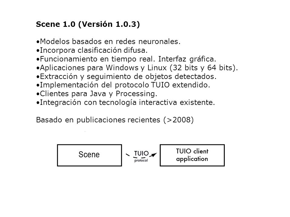 Scene 1.0 (Versión 1.0.3) Modelos basados en redes neuronales. Incorpora clasificación difusa. Funcionamiento en tiempo real. Interfaz gráfica.
