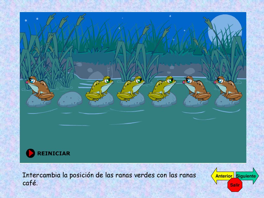 Intercambia la posición de las ranas verdes con las ranas café.