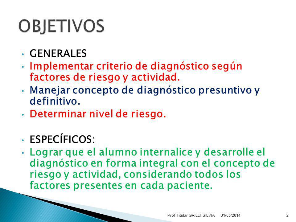 OBJETIVOS GENERALES. Implementar criterio de diagnóstico según factores de riesgo y actividad.