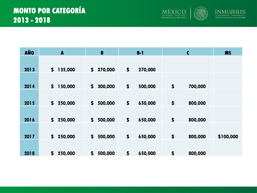 MONTO POR CATEGORÍA AÑO A B B-1 C MS 2013 $ 135,000