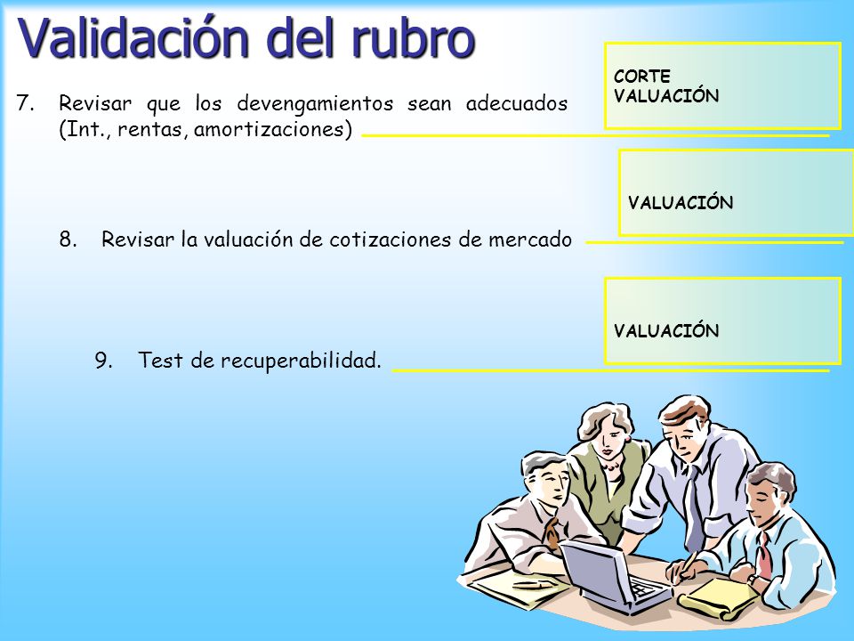 Validación del rubro CORTE. VALUACIÓN. Revisar que los devengamientos sean adecuados (Int., rentas, amortizaciones)