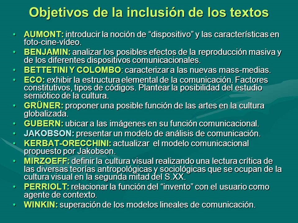 Objetivos de la inclusión de los textos