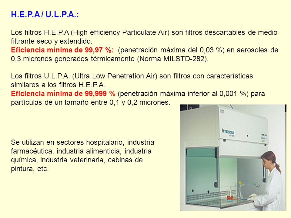 H.E.P.A / U.L.P.A.: Los filtros H.E.P.A (High efficiency Particulate Air) son filtros descartables de medio filtrante seco y extendido.