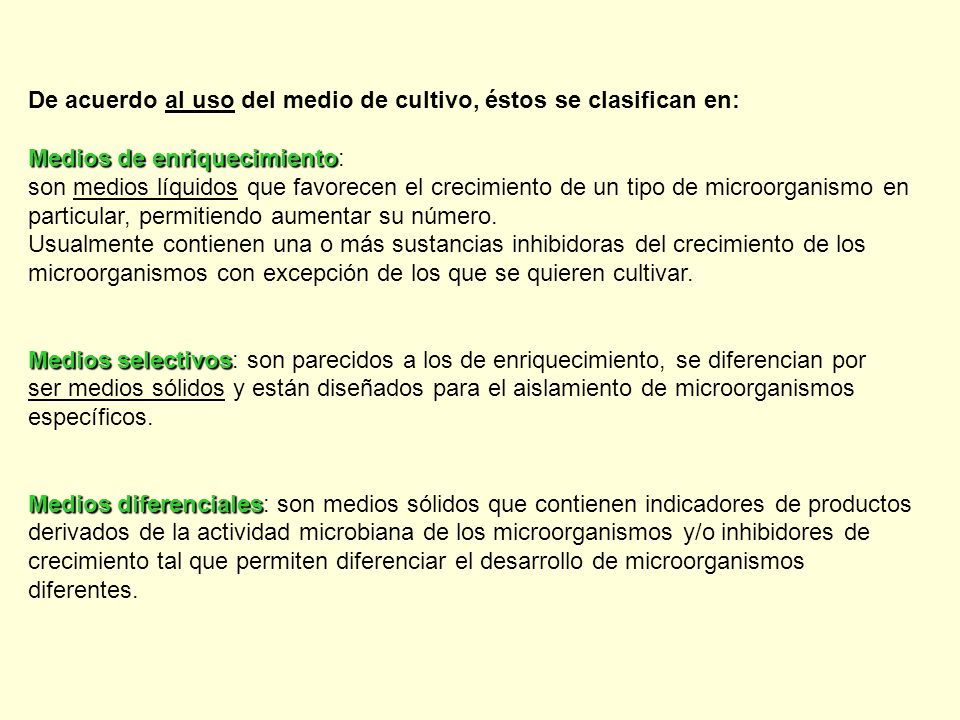 De acuerdo al uso del medio de cultivo, éstos se clasifican en: