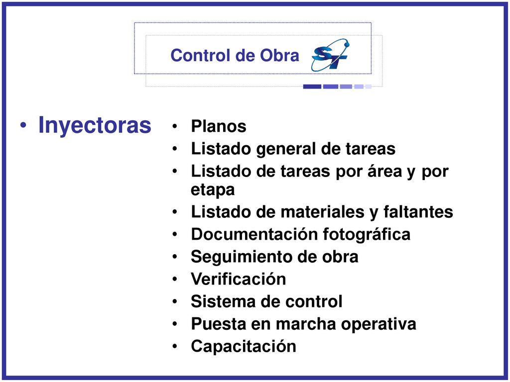 Inyectoras Control de Obra Planos Listado general de tareas