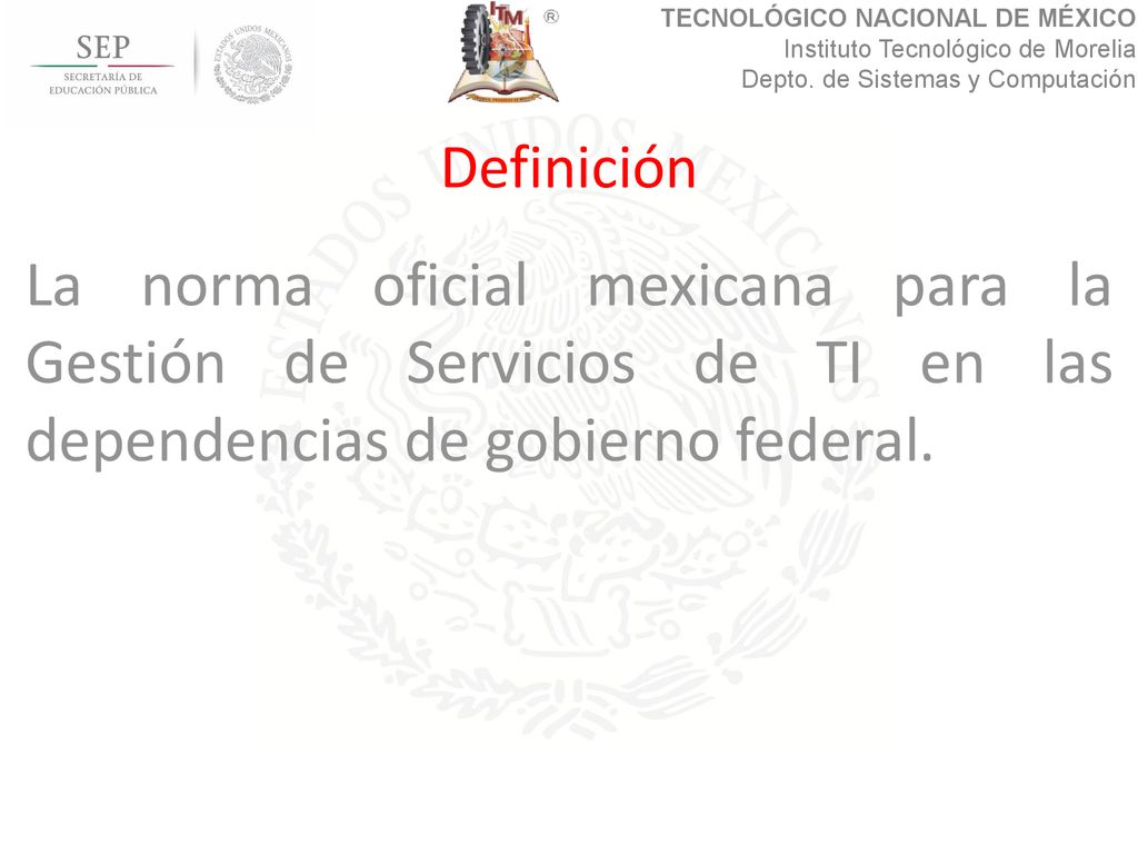 Definición La norma oficial mexicana para la Gestión de Servicios de TI en las dependencias de gobierno federal.
