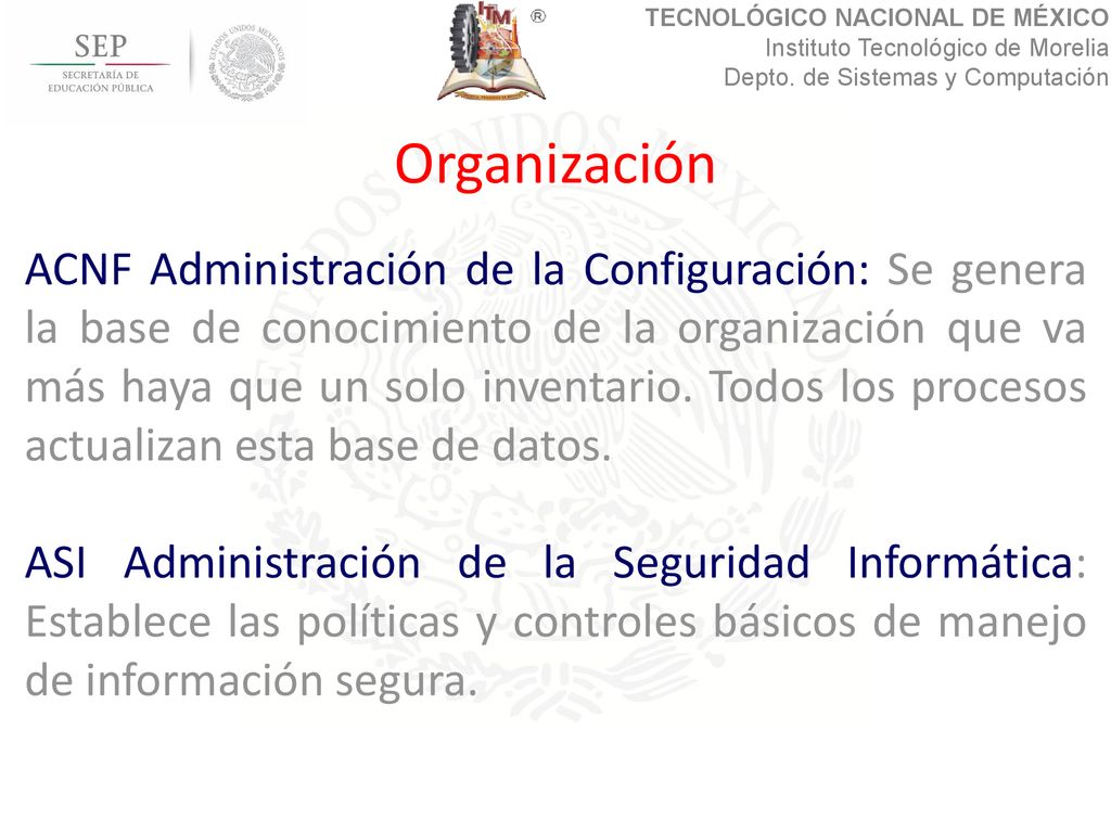 Organización ASI Administración de la Seguridad Informática: Establece las políticas y controles básicos de manejo de información segura.