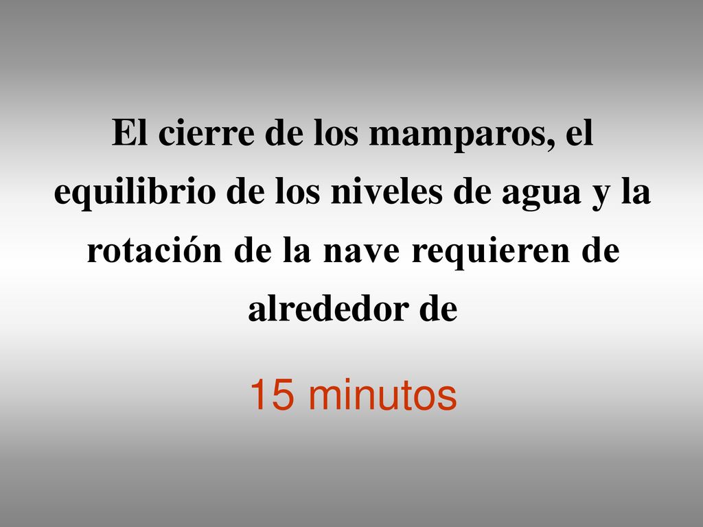 El cierre de los mamparos, el equilibrio de los niveles de agua y la rotación de la nave requieren de alrededor de