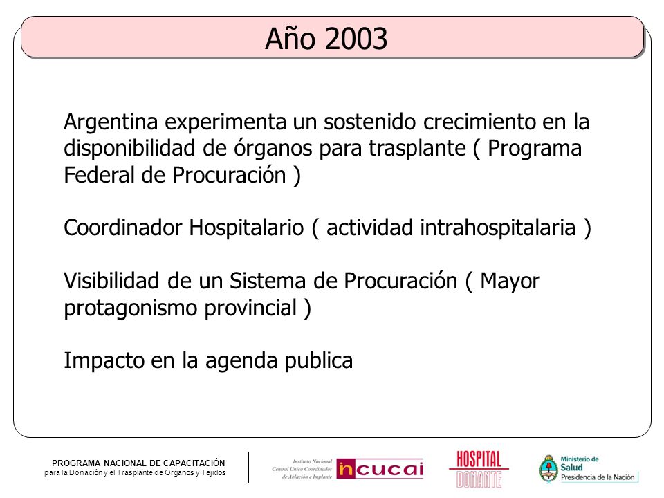 Año 2003 Argentina experimenta un sostenido crecimiento en la disponibilidad de órganos para trasplante ( Programa Federal de Procuración )