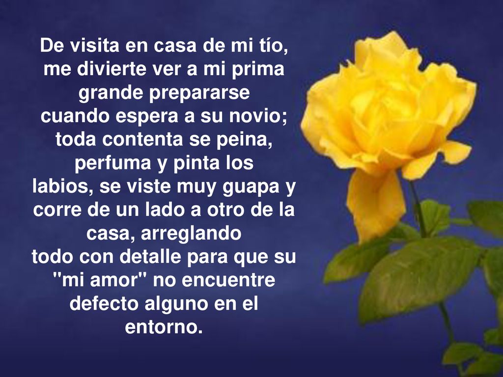 De visita en casa de mi tío, me divierte ver a mi prima grande prepararse cuando espera a su novio; toda contenta se peina, perfuma y pinta los labios, se viste muy guapa y corre de un lado a otro de la casa, arreglando todo con detalle para que su mi amor no encuentre defecto alguno en el entorno.