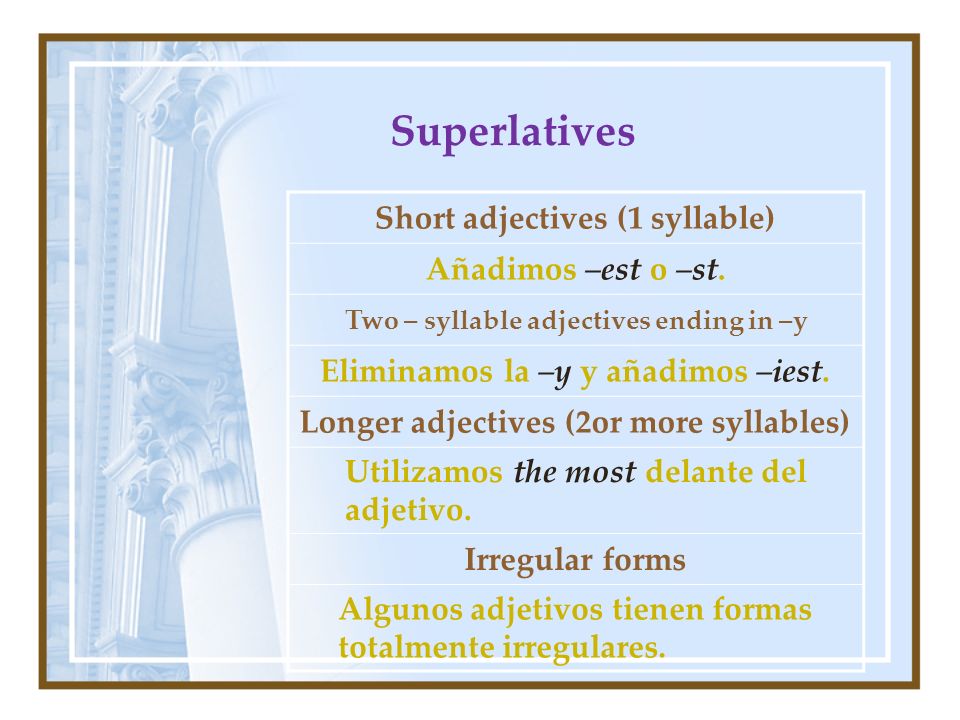 Superlatives Short adjectives (1 syllable) Añadimos –est o –st.