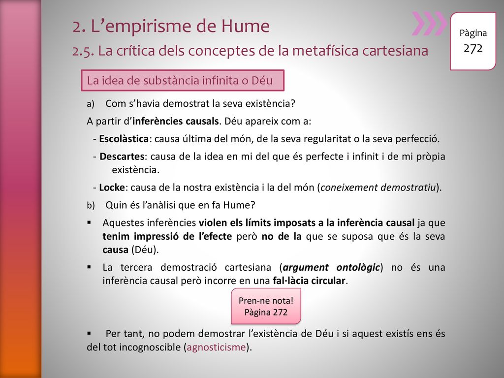 2. L’empirisme de Hume 2.5. La crítica dels conceptes de la metafísica cartesiana. Pàgina La idea de substància infinita o Déu.