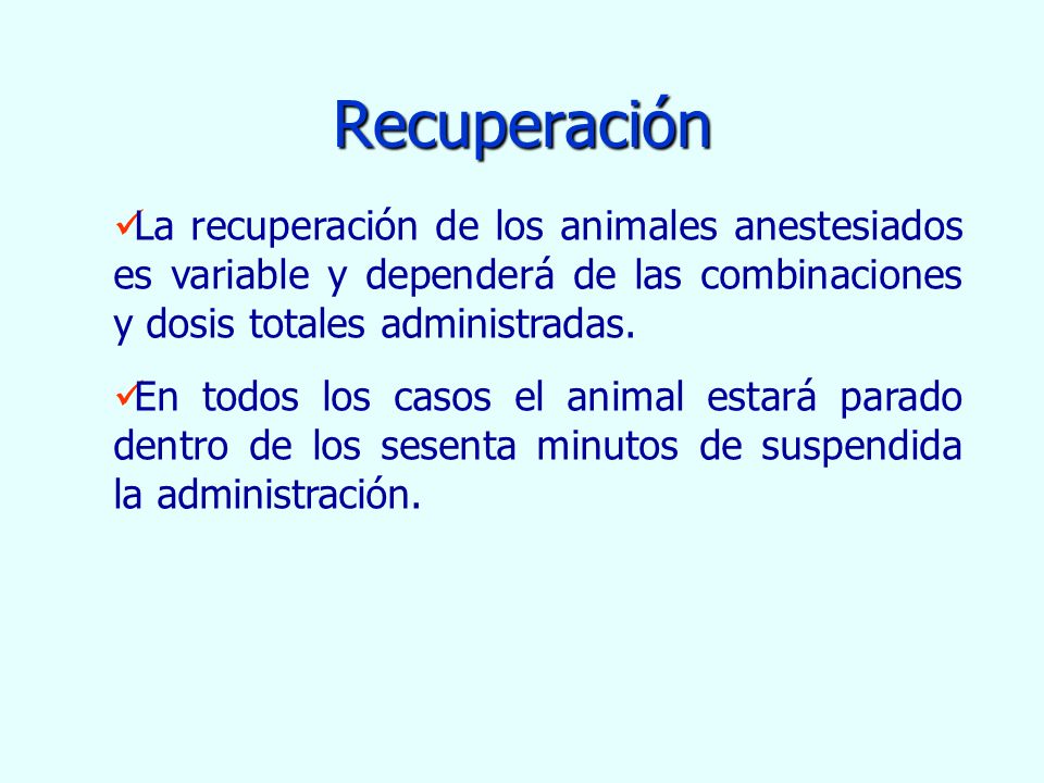 Recuperación La recuperación de los animales anestesiados es variable y dependerá de las combinaciones y dosis totales administradas.