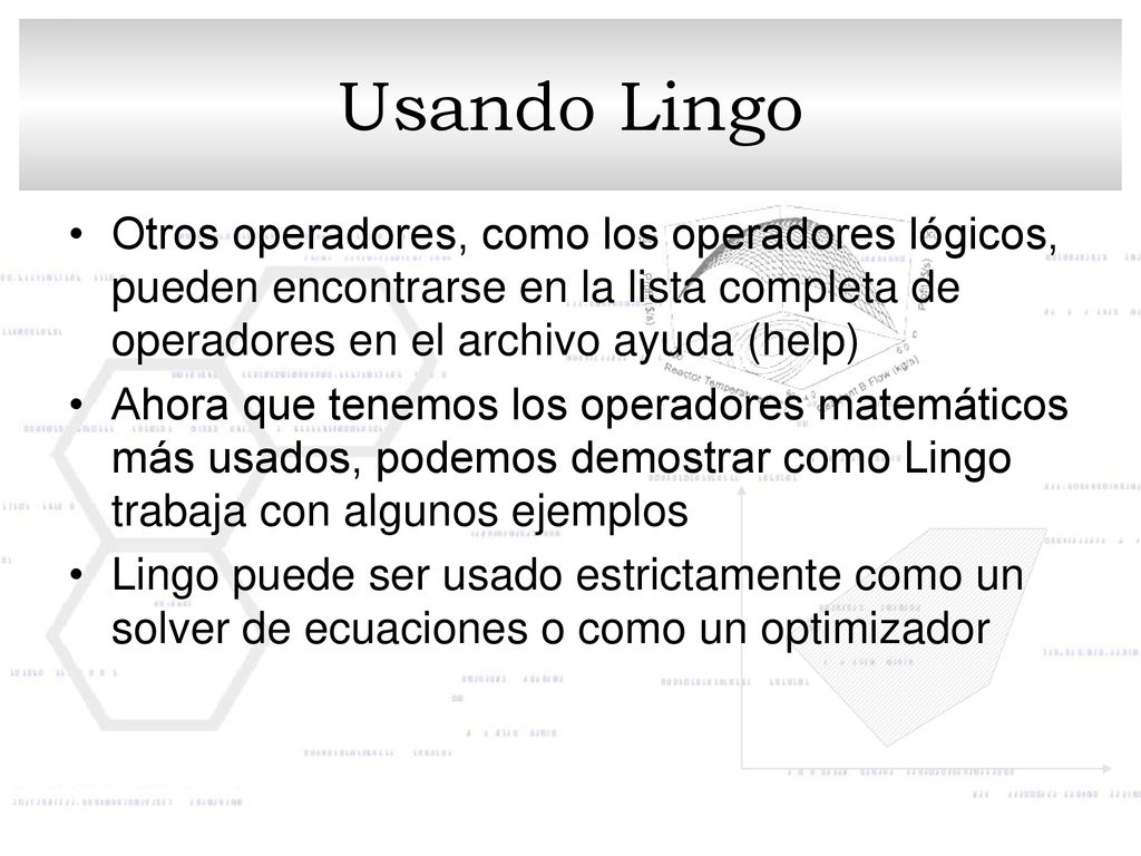 Usando Lingo Otros operadores, como los operadores lógicos, pueden encontrarse en la lista completa de operadores en el archivo ayuda (help)