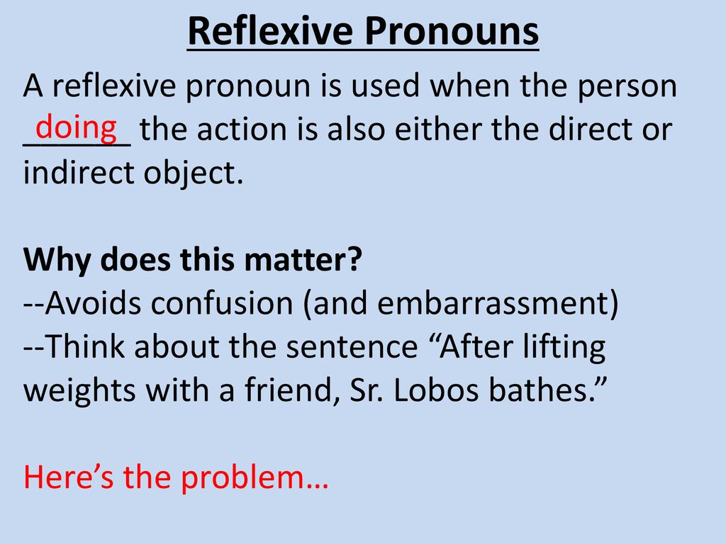 Reflexive Pronouns A reflexive pronoun is used when the person ______ the action is also either the direct or indirect object.