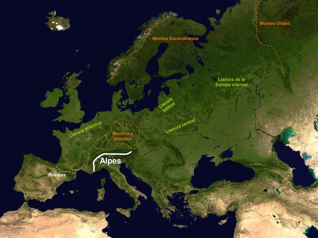 Alpes Montes Urales Montes Escandinavos Llanura de la Europa oriental