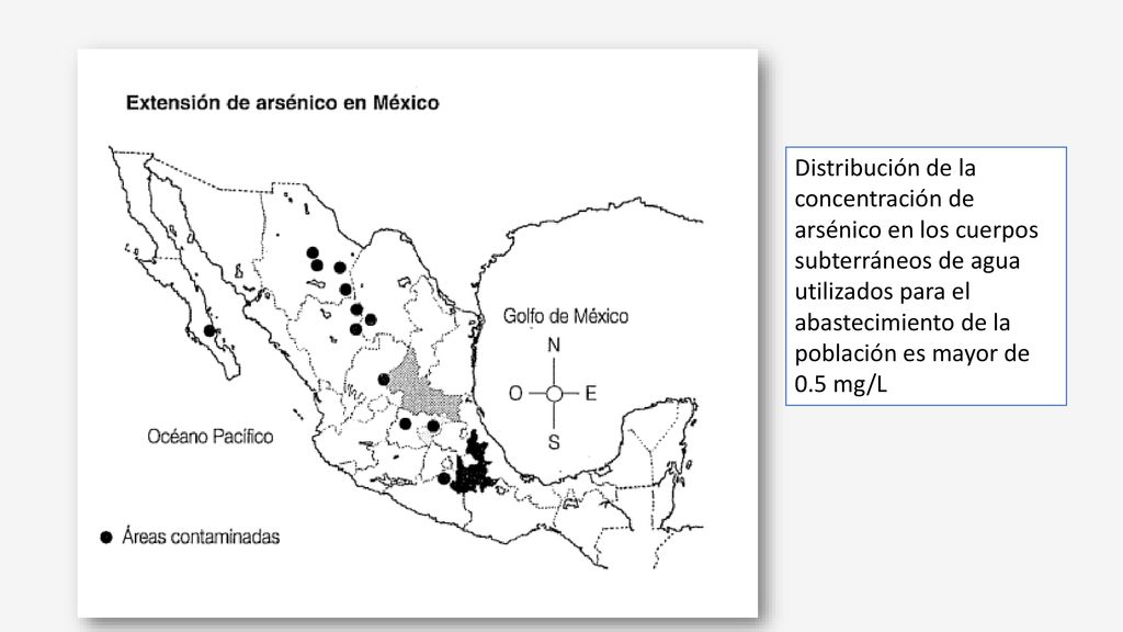 Distribución de la concentración de arsénico en los cuerpos subterráneos de agua utilizados para el abastecimiento de la población es mayor de 0.5 mg/L