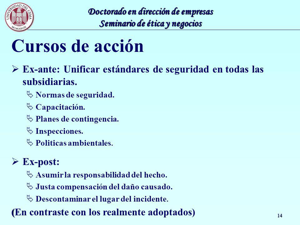 Cursos de acción Ex-ante: Unificar estándares de seguridad en todas las subsidiarias. Normas de seguridad.