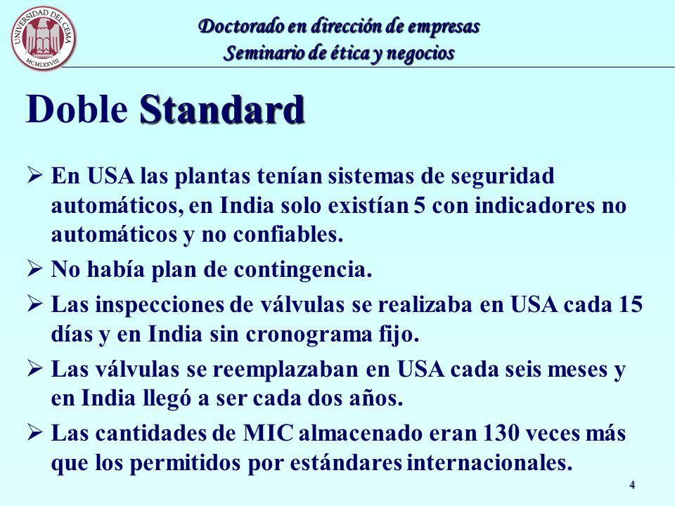 Doble Standard En USA las plantas tenían sistemas de seguridad automáticos, en India solo existían 5 con indicadores no automáticos y no confiables.