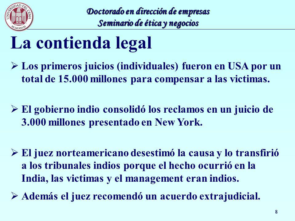 La contienda legal Los primeros juicios (individuales) fueron en USA por un total de millones para compensar a las victimas.