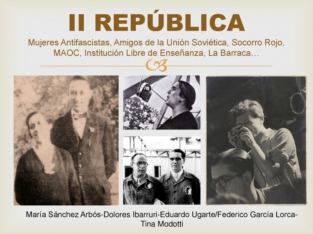 II REPÚBLICA Mujeres Antifascistas, Amigos de la Unión Soviética, Socorro Rojo, MAOC, Institución Libre de Enseñanza, La Barraca…