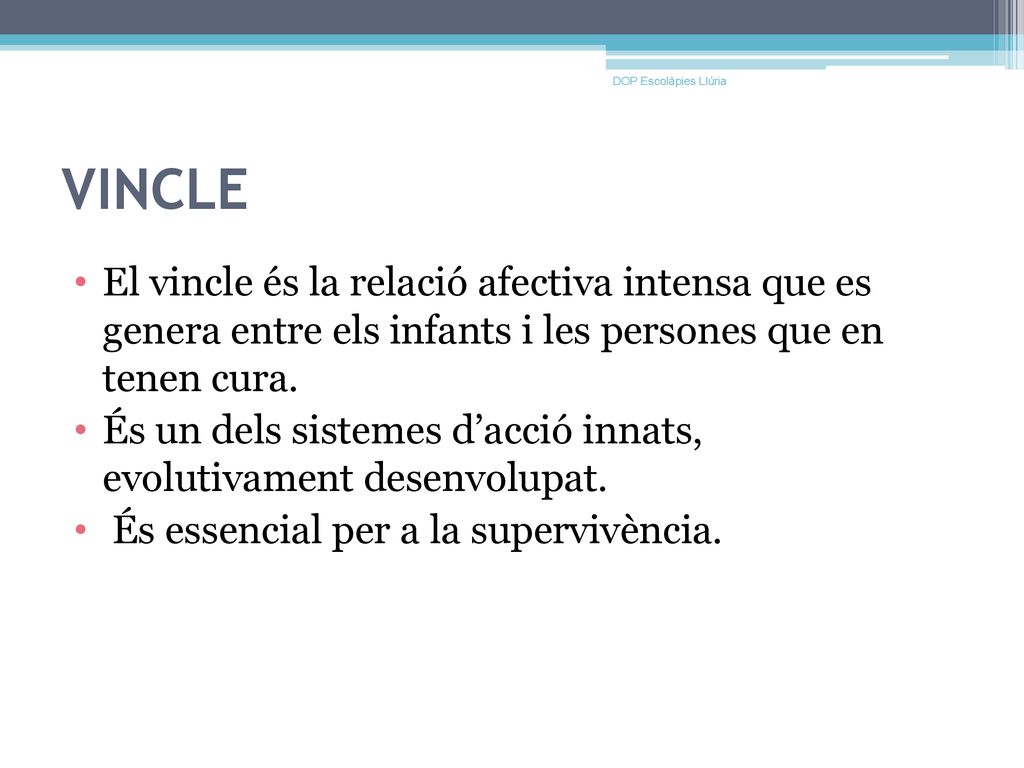 DOP Escolàpies Llúria VINCLE. El vincle és la relació afectiva intensa que es genera entre els infants i les persones que en tenen cura.