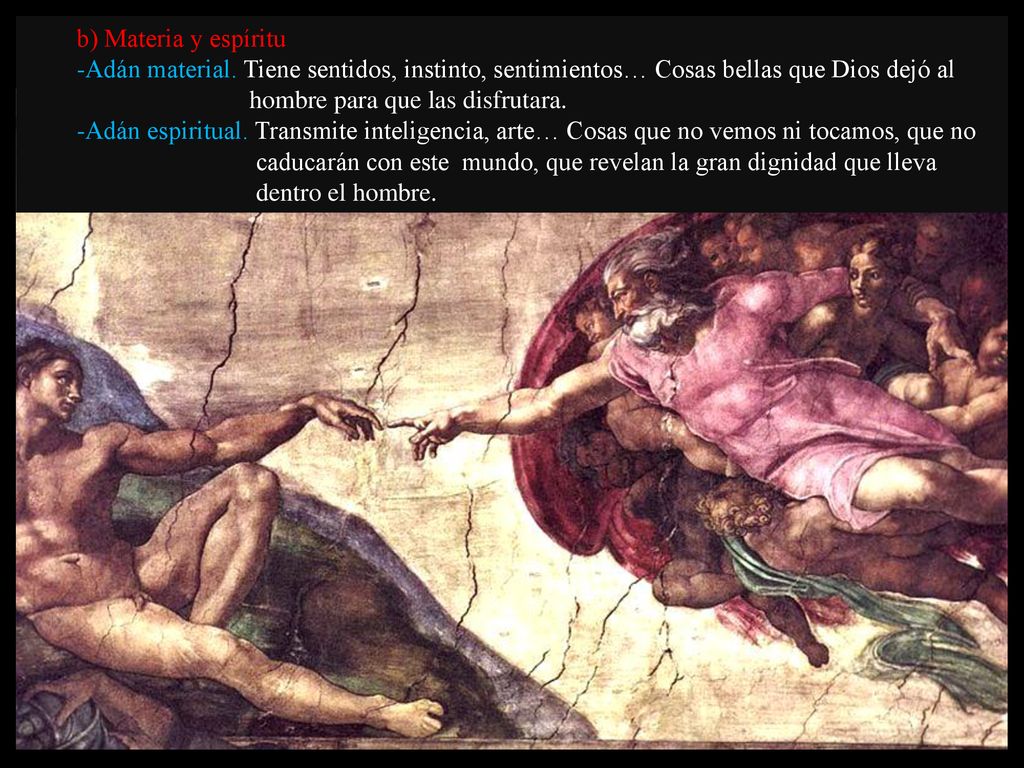 b) Materia y espíritu -Adán material. Tiene sentidos, instinto, sentimientos… Cosas bellas que Dios dejó al.