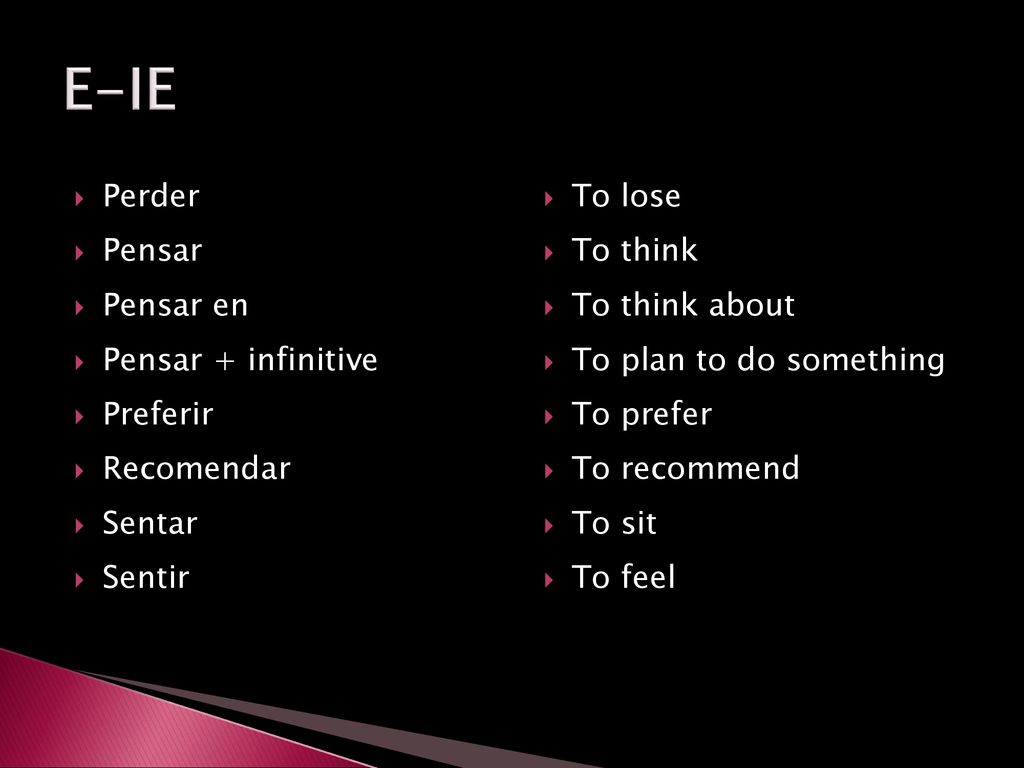E-IE Perder Pensar Pensar en Pensar + infinitive Preferir Recomendar