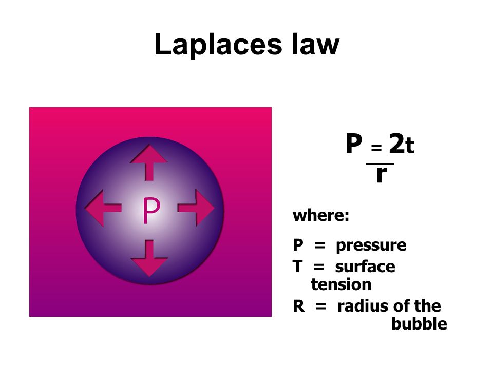 Laplaces law P = 2t r where: P = pressure T = surface tension