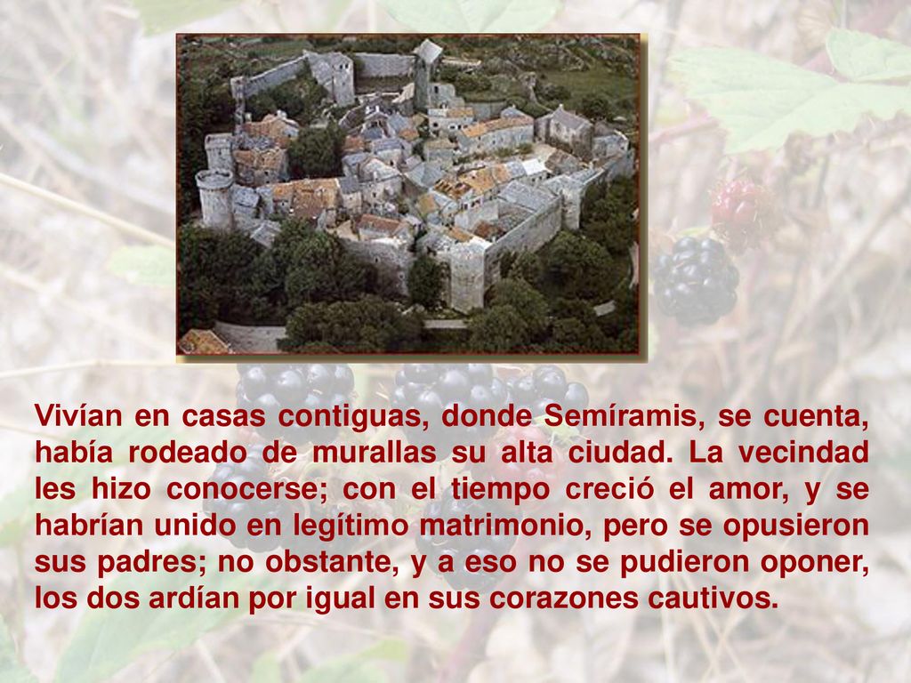 Vivían en casas contiguas, donde Semíramis, se cuenta, había rodeado de murallas su alta ciudad.