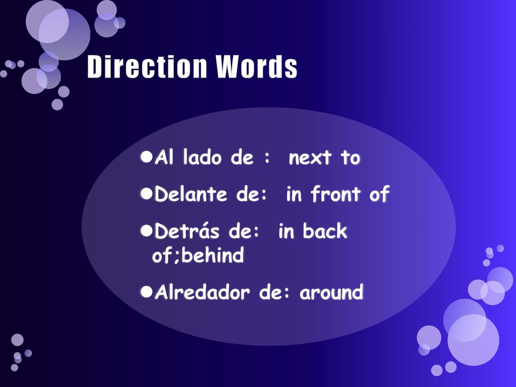 Direction Words Al lado de : next to Delante de: in front of
